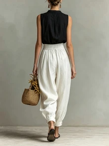 SHEIN Holidaya Vintage Textured Lantern Pants With Elastic Waist And Cuffed Wide Leg, Bohemian Style Beach Vacation Casual Long Pants - White - View 2