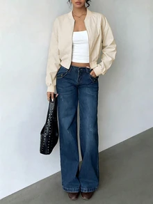 SHEIN LUNE Women's Solid Color Long Sleeve Zip-Up Baseball Jacket - Light Grey - View 4