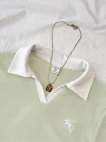 SHEIN 青少年女孩皇家藍與白色領口針織休閒拼色收腰修身T恤，附小Logo刺繡 - 薄荷綠 - 查看 4