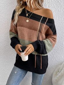 EMERY ROSE Women's Casual Colorblock Asymmetrical Shoulder Sweater, Suitable For Autumn/Winter - Multicolor - View 3
