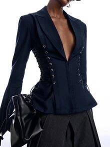 LYSMO Women's Solid Color Lapel NeckEyelet Lace-Up Design Fashion Blazer - Navy Blue - View 6