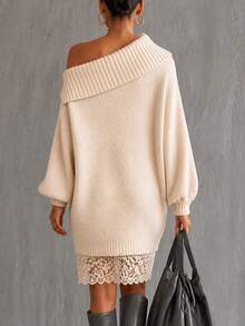 SHEIN Women's Autumn/Winter Thick Knit Off-Shoulder Off-Shoulder Sweater Dress - Apricot - View 2