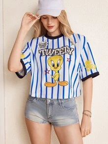 LOONEY TUNES X SHEIN Women's Letter & Cartoon Print Casual Daily Short Sleeve T-Shirt - Blue - View 1