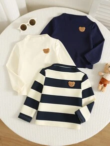 SHEIN 3pcs Baby Boy Solid Color Versatile Comfortable Crew Neck Long Sleeve Pullover Top, Suitable For Autumn/Winter, Perfect For Layering - Multicolor - View 3