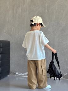 1件男童休閒運動可愛日常舒適街頭風百搭印花直筒長褲，適合外出、上學、日常聚會，春秋夏冬四季適用，開學季秋季款 - 卡其色 - 查看 3