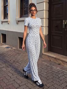SHEIN PariChic Women's Polka Dot Print Short Sleeve T-Shirt And Long Pants Sports Set - Blue - View 3
