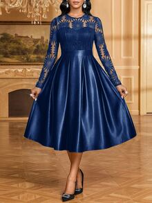 SHEIN Lady Women's Contrast Lace Round Neck Long Sleeve Pleated Design Elegant Midi Dress - Navy Blue - View 5