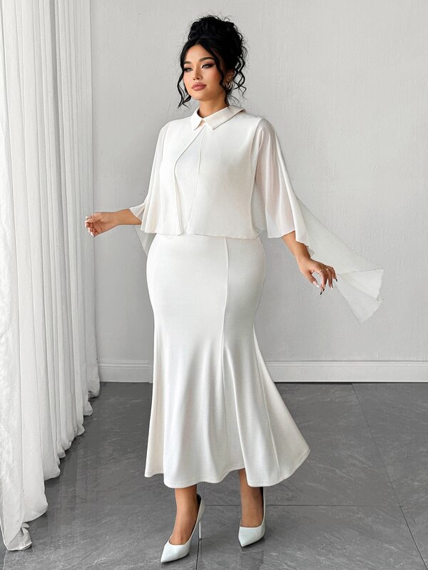 SHEIN Elenzya Plus Size Women's Elegant Solid Color Shirt Collar Asymmetric Cape Waist-Cinching Long Dress, Apricot, Autumn, Evening Party, Wedding, Ball Gown
