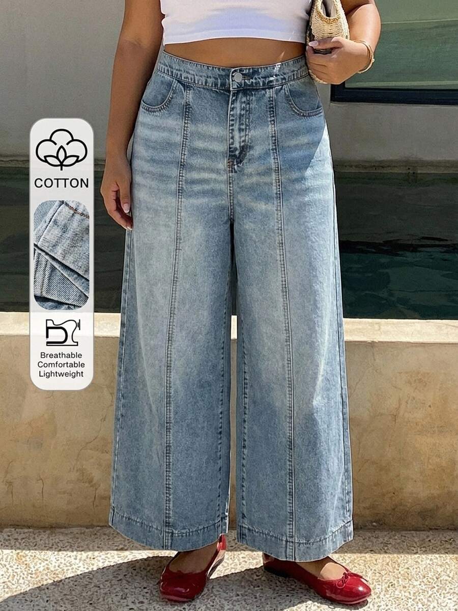 Dazy Plus Loose Wide Leg Denim Jeans With Split Line Slimming Street Casual Versatile Ankle Length Spring Autumn - Light Wash - View 1