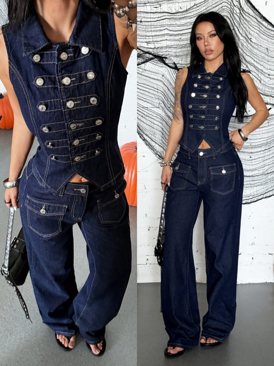 Jeanoix Set Denim Kasual Wanita Model Rompi Napoleon dan Celana Panjang