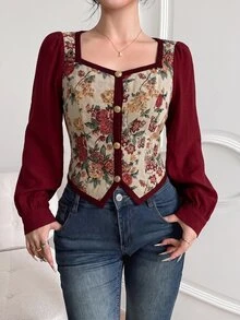 Feyla Blus Gaya Vintage Baru dengan Motif Patchwork Campuran Kain Warna Blok, Serbaguna untuk Sehari-hari, Membentuk Pinggang, Melangsingkan, Cocok untuk Pesta dan Liburan - Burgundy - View 5