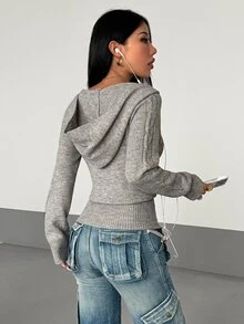 StreetHx Women's Grey Casual Versatile Fashion Daily Commute Street Style Autumn/Winter Hooded Cardigan Sweater - Light Grey - View 3