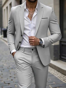 Manfinity Mode Men's Minimalist Fashion Jacket & Pants Suit Set - Light Grey - View 1