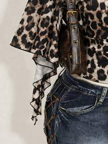 SHEIN ICON Plus Size Women's Leopard Print Ruffle Sleeve Fashion T-Shirt - Multicolor - View 5