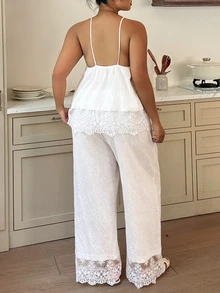 Dazy Plus Romantic Vacation Floral Textured Fabric Lace Patchwork Sleeveless Top & Long Pants Pajama Set - White - View 2