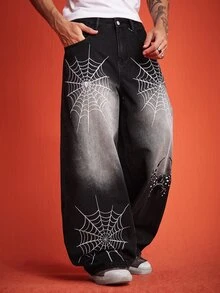 ROMWE MEN Street Life Men's Spider Pattern Casual Daily Wear Jeans - Black - View 6
