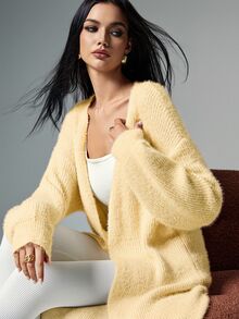 Poéselle 女款休閒針織長版開襟毛衣，柔軟舒適保暖面料 - 淡黃色 - 查看 3