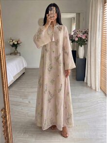 Yasmyna Women's Embroidered Beadwork Fabric Exquisite Tassel Fashion Loose Comfortable Long Robe - Baby Pink - View 3