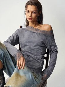 Bohemela Women's Lace Patchwork Asymmetric T-Shirt - Grey - View 6