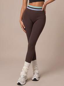 SHEIN BAE Women Brown Stripe Seamless High Waist Leggings Tummy Control Gym Workout Training Running Yoga Athletic Pants - Coffee Brown - View 7