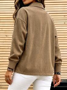 SHEIN LUNE CURVE Women's Plus Size Corduroy Collared Casual Sweatshirt, Suitable For Outdoor/Commute/Country Style, Long Sleeve Sweatshirt For Autumn/Winter - Brown - View 2