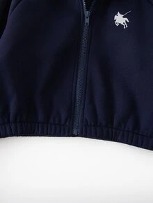 SHEIN 3件組青少年女孩時尚休閒運動套裝，抓絨，秋季穿搭，酒紅色連帽長袖拉鍊短版上衣搭配同款寬鬆休閒長褲 - 藏蓝色 - 查看 7
