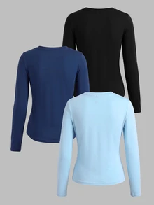 Tween Girls Autumn/Winter Navy Blue, Light Blue, Black V-Neck T-Shirt 3-Piece Set - Multicolor - View 2