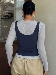 Dazy Plus Bộ 2 món áo lót tay dài ôm sát màu trơn và áo tank top phối màu phong cách thường ngày cho mùa xuân/thu - Xám - Xem 2