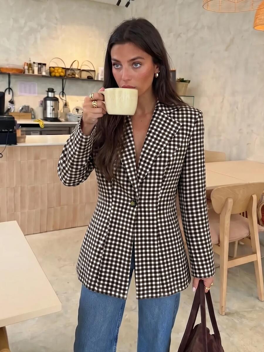 Lavishia Women's Elegant Commute Waist Brown Plaid New Style Blazer Jacket,Casual Smart Plaid Long Sleeve Blazer Suit Jacket Office Work Outfi Autumn/Winter - Mocha Brown - View 1