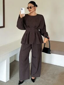 Dazy Plus Autumn Loose Business Casual Ruffle Waist Office Wear Shirt And Suit Pants 2 Pieces Set Elegant - Brown - View 6