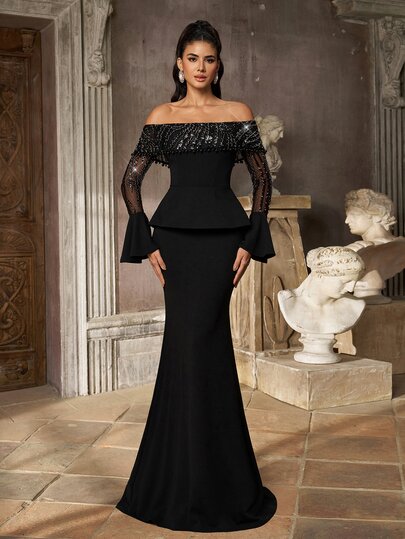 Aureia Elegante vestido de noche formal para mujer 2 en 1, de manga larga y hombros descubiertos, de punto con patchwork de encaje negro, hecho a mano, con decoración de perlas y strass