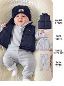 SHEIN 新生兒嬰兒3件套：連帽長袖套頭衛衣、冬季長褲、無袖背心 - 藏蓝色 - 查看 3