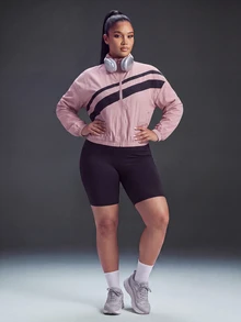 Powerista Women's Dusty Pink Loose Cropped Plus Size Woven Jacket Breathable Soft Casual Curve Kawaii Modest Tropical Workout Fall Gym Sports - Pink - View 1