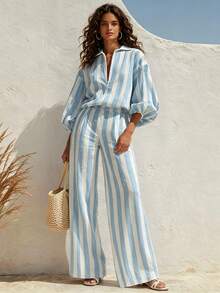 Breezaya Women's Striped Lantern Sleeve Zipper Front Top And Long Pants Casual 2 Pieces Set - Multicolor - View 1