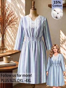 Rusticease Plus Size Women's Contrast Lace Striped Waist Shirred Casual Dress - Multicolor - View 1