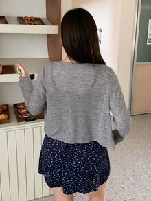 Dazy Plus Korean Style Small Ditsy Floral Short Dress & Solid Color Cardigan 2 Pieces Set, Early Autumn Vacation - Navy Blue - View 2