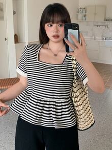 Dazy Plus Square Neck Casual Korean Style Striped Fitted Short Sleeve T-Shirt For Spring Summer Autumn - Black and White - View 5