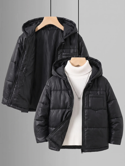 SHEIN Kids Young Boy Casual Daily Versatile Comfortable Composite Fleece Lined Hooded Open Front Long Sleeve Mid-Weight Woven Jacket Suitable For School, Garden, Beach, Birthday Spring, Summer, Fall, Winter