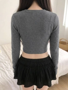 DAZY Women's Autumn Fashion Color Block Patchwork T-Shirt - Grey - View 2