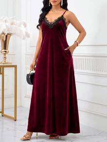SHEIN Lady 女款優雅對比蕾絲口袋細肩帶長洋裝 - 酒紅色 - 查看 7