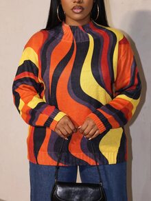 Slaydiva Sweater Rajut Wanita Ukuran Besar, Atasan Pullover Lengan Panjang Longgar Kerah Tinggi Motif Retro Bergelombang Blok Warna untuk Musim Dingin - MultiWarna - View 9