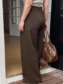 Dazy Plus Plus Size Solid Color Casual Wide Leg Pants For Office - Brown - View 2