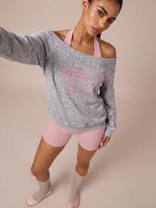 SHEIN BAE Women Grey Pink Letter Print Long Sleeve Sports Sweatshirt Gym Workout Training Running Yoga Athletic Activewear - Light Grey - View 7