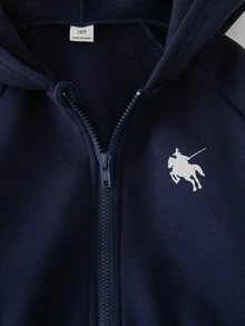 SHEIN 3件組青少年女孩時尚休閒運動套裝，抓絨，秋季穿搭，酒紅色連帽長袖拉鍊短版上衣搭配同款寬鬆休閒長褲 - 藏蓝色 - 查看 6