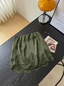 Muvela 女款素色對比蕾絲百褶優雅裙 - 綠色 - 查看 2