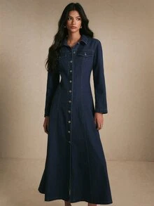 Poéselle Women's Collared Button Front Denim Midi Dress With Flap Chest Pockets, Fitted A-Line, Elegant - Dark Wash - View 7