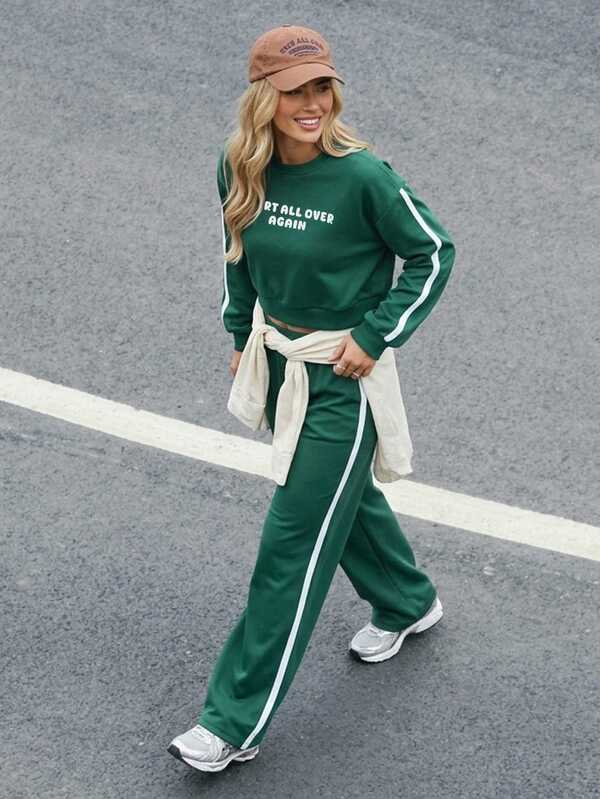 DAZY 2 st/set damset med lös kort sweatshirt med lång ärm och engelskt grafiskt tryck samt raka långa pyjamasbyxor, höst/vinter sovset