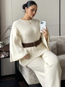 Dazy Plus Spring/Summer Loose Fit Shirt Top & Wide Leg Flowy Pants White Set Plus Size Women Spring/Summer/Autumn New 2 Pieces Outfit - Apricot - View 4