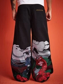 ROMWE MEN Street Life 男士休閒水洗刺繡寬腿牛仔褲 - 黑色 - 查看 8