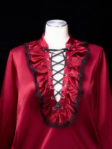 Sunspun Medieval Light Punk Y2K Vintage Ruffle Lace Tie Metal Heavy Work Halloween COS Self-Matching Women's Autumn/Winter Best-Selling Pullover Inner Layer Long Sleeve Top Plus Size Blouse - Burgundy - View 3
